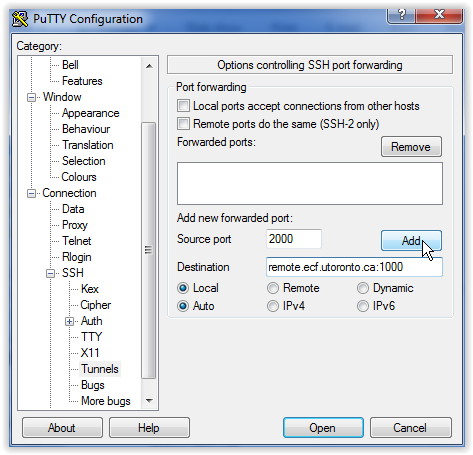 PuTTY configuration