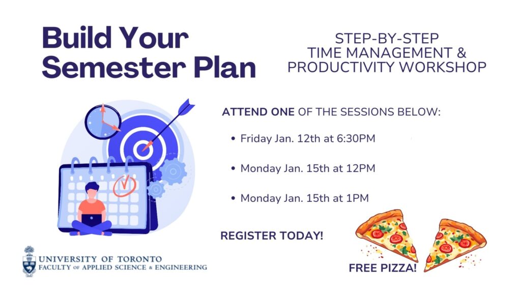 Image text reads: Build Your Semester Plan. Step by step time management and productivity workshop. Attend one of the sessions below: January 12 at 6:30 p.m., January 15 at 12 p.m., January 15 at 1 p.m. Register Today!. Free Pizza! Image includes time management graphics and a pizza graphic.