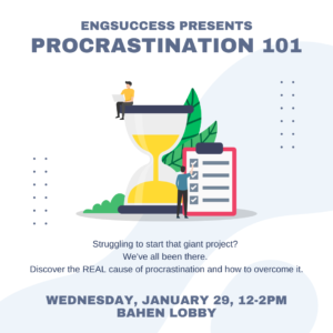 Image shows a graphic of an hourglass and checklist. Text reads: engSuccess presents Procrastination 101. Wednesday January 29, 12-2 pm. Bahen Lobby