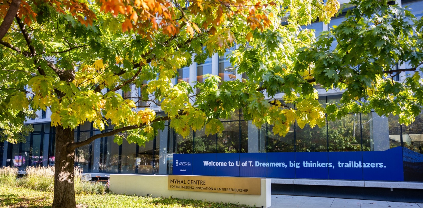 Photo shows the front of Myhal Centre during Fall.