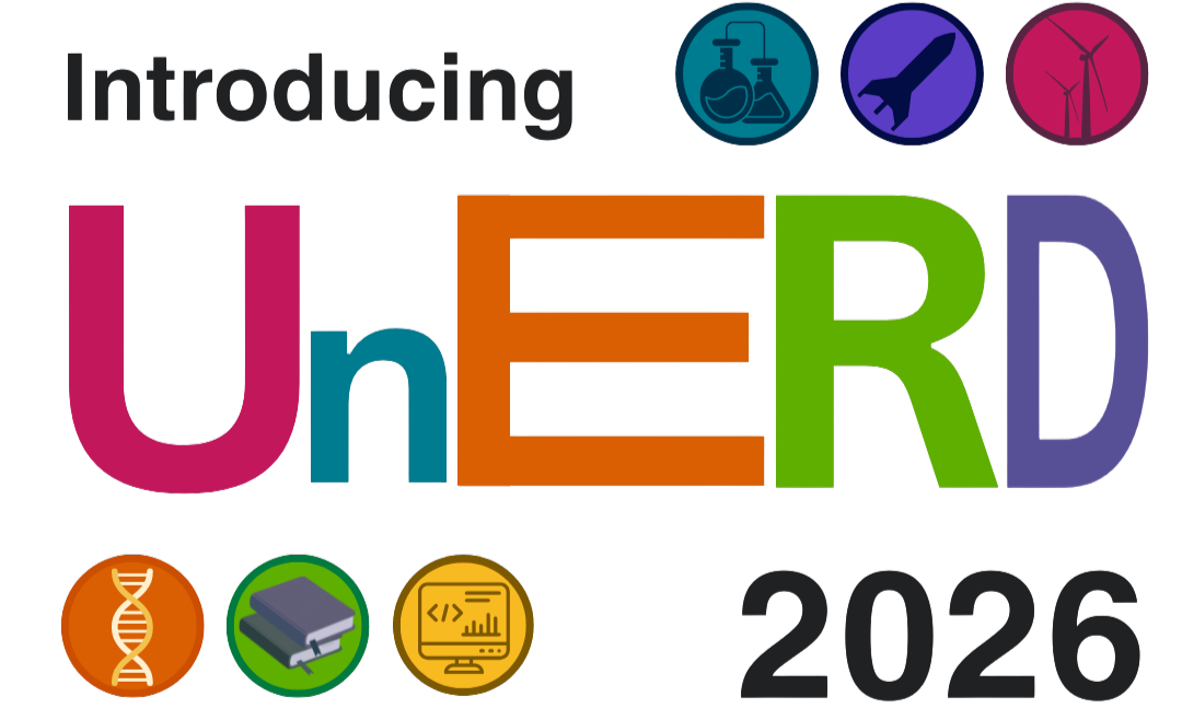 Text reads: Introducing UnERD 2026. Includes gaphics of a beaker, rocket, wind turbines, DNA, book and computer.