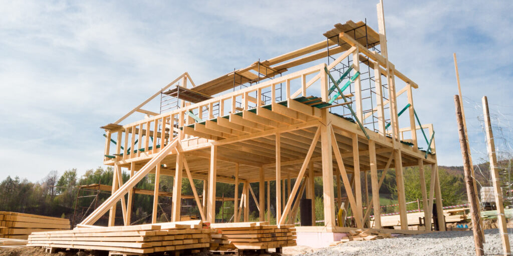 Framing of a new wooden house under construction