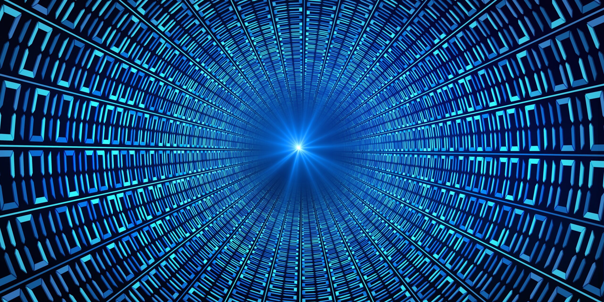 Binary code numbers in blue abstract speed motion in highway tunnel for technology background, digial data in computer. fast moving toward the light. 3d illustration